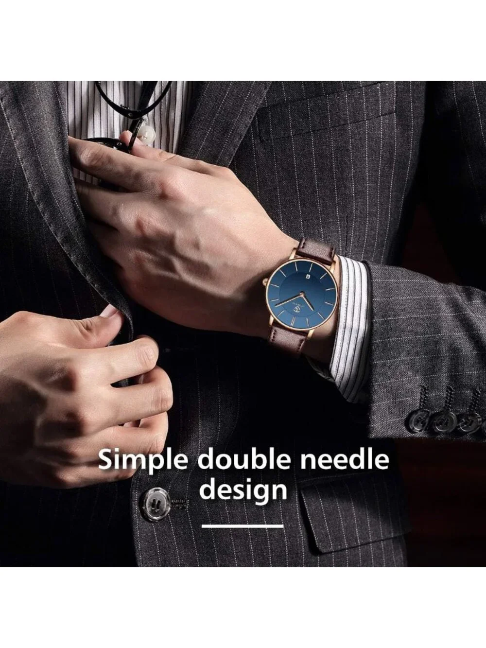 Mens Blue Brown Leather Strap Analog Minimalist Fashion Simple Round Wrist Watch
